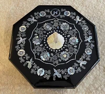Vintage Asian Black Lacquered Octagon Candy Box - Jewelry Inlay Mother Of Pearl • $29.95