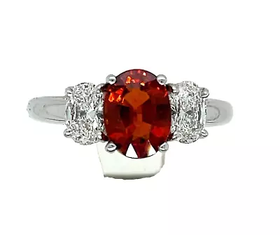 Stunning Platinum Diamond And Mandarin Garnet 3 Stone Ring • $1900