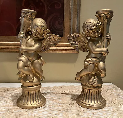 Vntg. Pr. Cherub Angels Holding Cornucopia Gold Candle Holders 12  Tall - Taiwan • $9.95