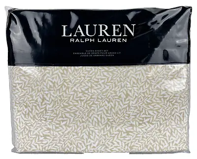 Ralph Lauren QUEEN Spencer Leaf Sateen Sheet Set Tan White 100% Cotton • £73.24