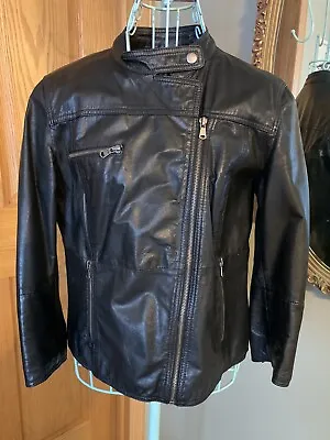 Women’s Zara Trf Leathers Black Leather Lightweight Biker Jacket Size L ￼ • $49.99