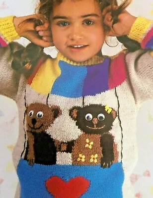 Knitting Pattern Girls Boys Teddy Bears Picture Knit Jumper Dk  22 - 30  - 5t • £2.10