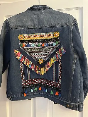 Bohoo Festival Denim Jacket Embroidered Back Fleece Lined L Nwtgs • £20