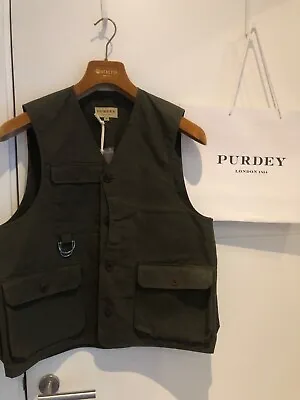 James Purdey Wax Cotton Green Fly Fishing Utility Pocketed Vest Medium RRP £495 • £170