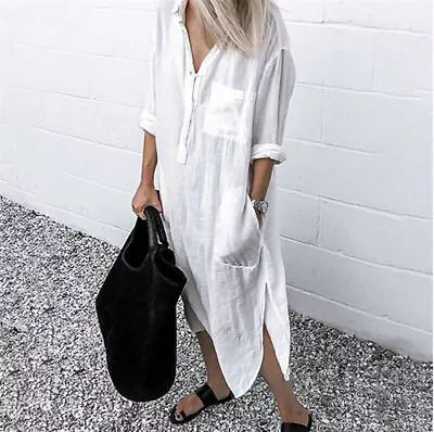Plus Size Womens Cotton Linen Maxi Shirt Dress Kaftan Casual Baggy Long Tops 16 • £13.49