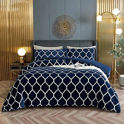 Navy Blue Sherpa Fleece Comforter Set Queen Size Plush Flannel Bedding Set With • $68.03