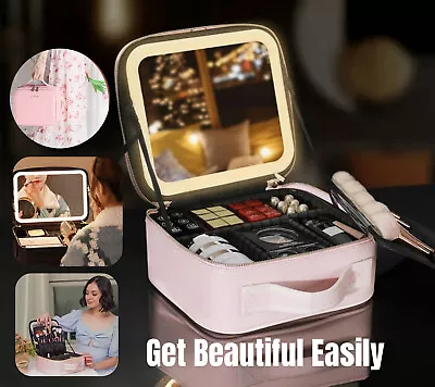 Makeup Bag With LED Mirror Vanity Case Beauty Box Make Up Travel Cosmetic Bag UK • £24.69