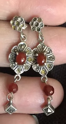 Sterling Silver 925 Vintage Red Stone And Marcasite Dangle Drop Earrings EUC • $35