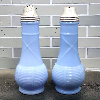 Vintage Jeannette Delphite Blue Milk Glass Basket Weave Salt And Pepper Shakers • $16