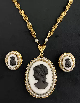 Vintage Cameo Necklace West Germany Filigree Gold Faux Pearl Black White Earring • $9.99