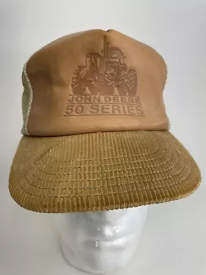 VTG  John Deere Hat Snapback Leather Corduroy 50 Series Brown Farm Trucker Cap • $17.99