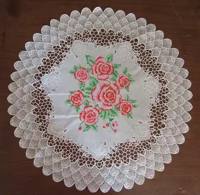 Vinyl Doily 16  Round Lacey Look Pink Roses Grannycore Home Decor • $9.99