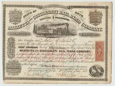 1866 Marietta & Cincinnati Railroad Company Stock Certificate  • $50.24