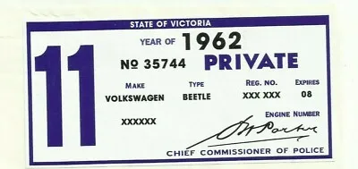 VINTAGE CAR REGO Vinyl Decal Sticker REGISTRATION VOLKSWAGEN BEETLE 1962 VW OVAL • $2.58