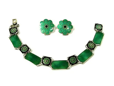 Vintage David Andersen Sterling Silver Signed Green Enamel Bracelet & Earrings • $215