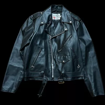 Vintage Leather Biker Jacket Sears The Leather Shop 46 Motorcycle Black 70's • $200