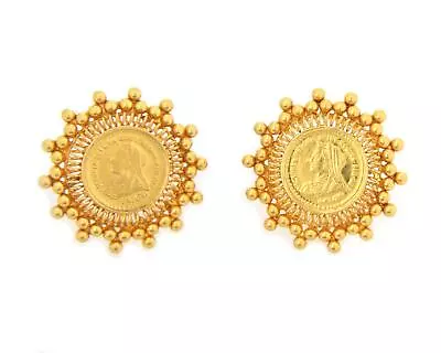 Queen Victoria Veil Head 21k Gold Coin Beaded Round Stud Earrings • $968.24