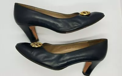 Salvatore Ferragamo Navy Pumps Gold Toe Deco Size 7 B. • $89