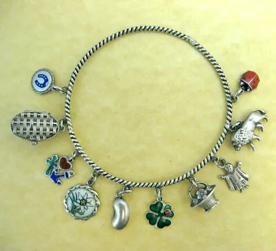 Vintage German Silver Bangle Charm Bracelet 10 Charms Lucky Bean Clover Ladybug • $375