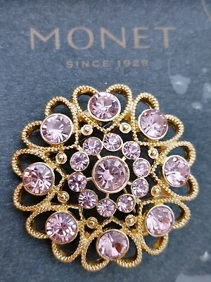 Vintage Monet Brooch Pink Rhinestone Gold Tone Little Heart's • $28.88