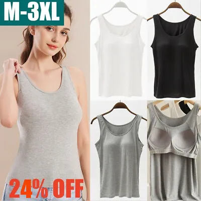 Ladies Vest Camisole With Built In Shelf Bra Tank Soft Cotton Elastic Womens Top • £7.48