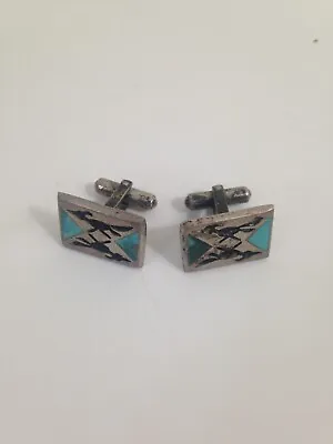 SUPER COOL OLD Vintage Silver Turquoise Roadrunner American Indian Cuff Links • $18.99