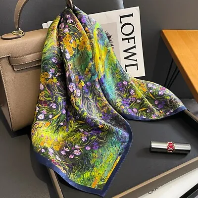 100% Silk 27  Square Scarf Women Neckerchief Wrap Bandana Floral Oil Painting • $13.72