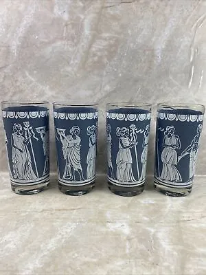 Vintage Blue Greek Roman Hellenic Glass Tumblers Jeannette Glass Set Of 4 • $24.99