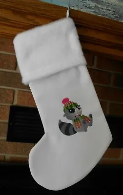 Winter Raccoon In Hat And Mittens Handmade Embroidered Christmas Stocking  • $26.99