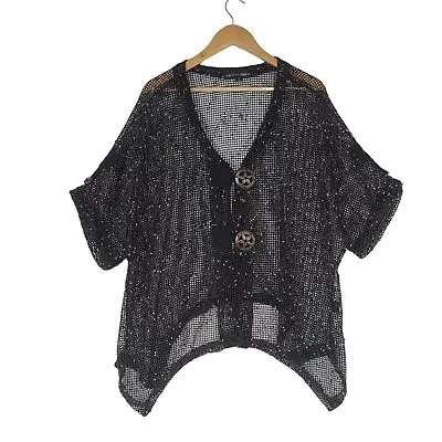 Mirror Image Open Knit Cardigan Black Tan Lightweight Lagenlook • $19.99