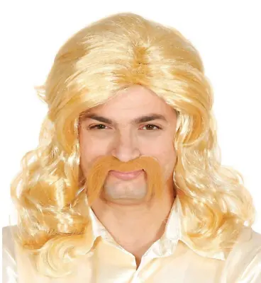 Mens Blonde Mullet Fancy Dress Wig & Tash Set Keith Lemon 70s Cowboy Joe Exotic • £17.99