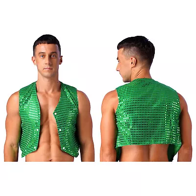 Mens Glitter Sequin Vest Waistcoat Sleeveless V Neck Jacket Disco Dance Clubwear • £10.62