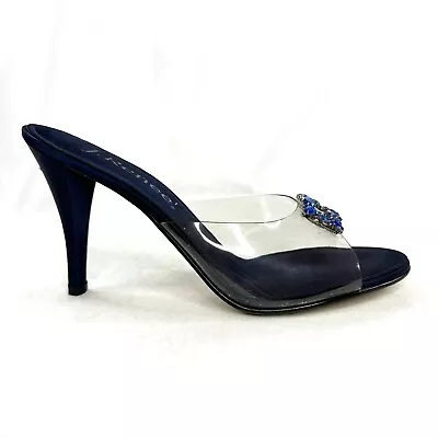 J Renee Women Size 9 Navy Blue Satin Clear Insole Heel Sandal Shoe Rhinestones • $25.69