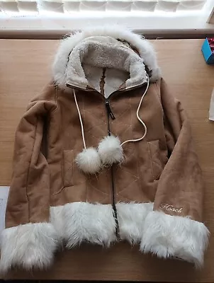 Hooch Size 10 Beige Faux Suede Fleece Lined Faux Fur Trimmed Hooded  Coat • £7