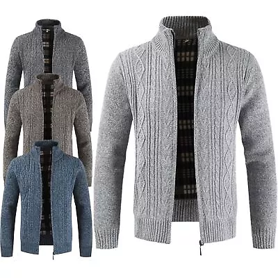 Mens Fleece Lined Zip Up Cable Knitted Wool Blend Jumper Cardigan Warm Winter • £20.99