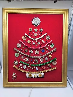 Vintage Costume Jewelry Framed Christmas Tree Wall Art Lights Up Handmade OOAK  • $85