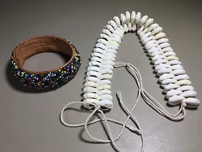 African Cowrie Shell Double Row Choker/Necklace & Maasai Beaded Bangle Bracelet • $20