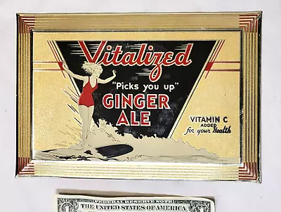 Orig. Vintage VITALIZED Ginger Ale Soda TIN SIGN Art Deco Pinup Girl Surf Board • $229