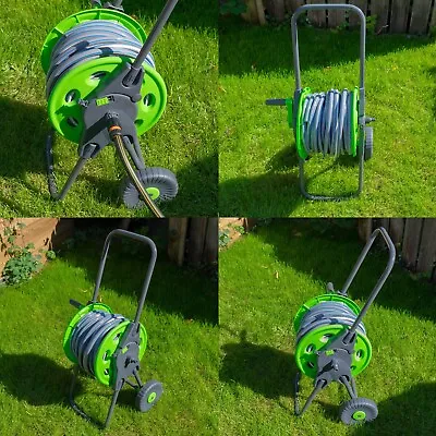 Garden Watering Hose Storage Reel On Wheels + 65ft (20m) Pipe Fold-Down Handle • £30.99