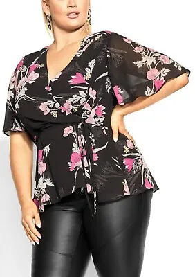 CITY CHIC Angelina Top In Black Floral Plus Size XXL / 24 NWT [RRP $79.95] • $30