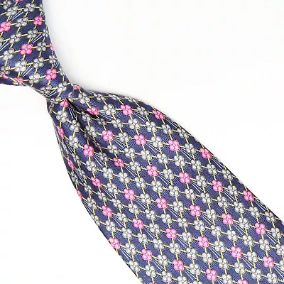 Faberge Mens Silk Necktie Blue Pink Gold Floral Diamond Grid Print XL Tie #183 • $59.99