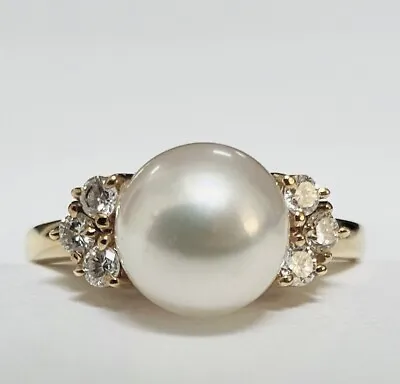 Mikimoto 18K Yellow Gold Pearl And Diamonds Ring Size 5.75 With Tag • $750