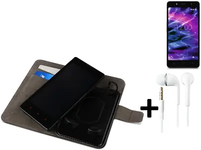 Case Cover F Medion S5004 + Headphones Walletcase Synthetic Leather Black Earph • £11.38