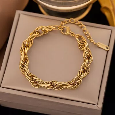 Woman 18K Gold Plated Stainless Steel Braided Bangle Bracelet 7.9'' • $9.99