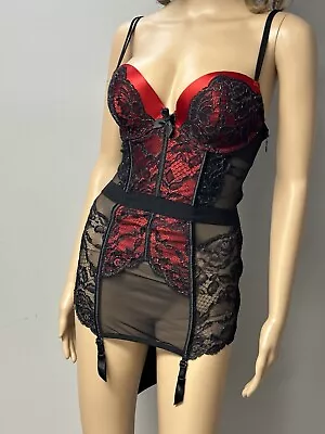 Victoria’s Secret Merry Widow 34D Red Black Lace Corset Back Garters Satin Bra • $49.99