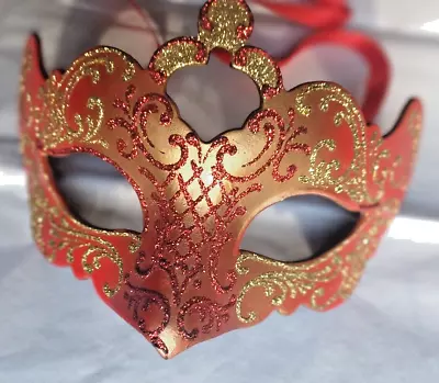 Hand Made In Venice Italy Masquerade Mask Red / Gold Glitter Sparkle Free Ship • $24.99