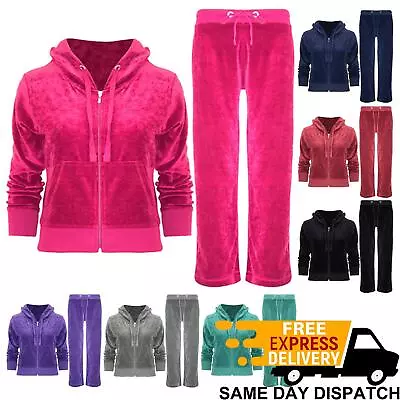 Womens Ladies Velvet Velour Hoodies Hooded Joggers Loungewear 2PCS Tracksuit Set • £19.99