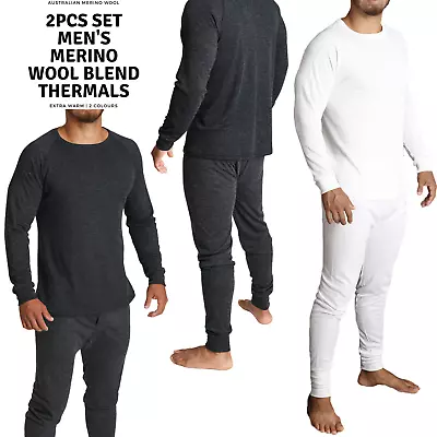 2pcs Set Men's Merino Wool Blend Long Sleeve Thermal Top & Long Johns Pants • $33
