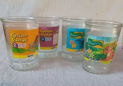  Lot Of 4 Welch Jelly Glass Jars Curious George 2 & 3 Dragon Tales 1 & 5 Vintage • $9