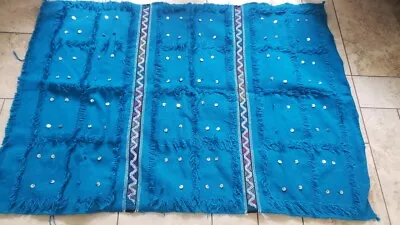 Vintage Moroccan Wedding Blanket Tapestry Rug - Turquoise Sequins Handira  • $150